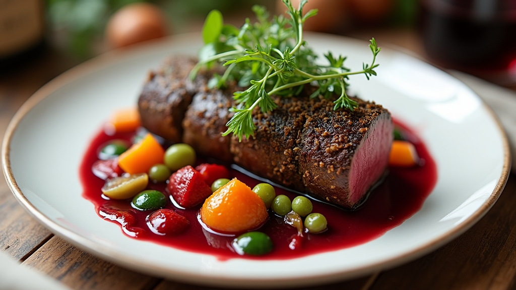 Herb-Crusted Beef Tenderloin with Red Wine Reduction
