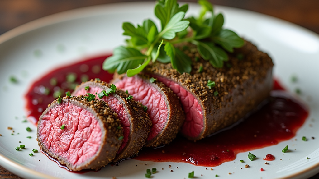 Herb-Crusted Beef Tenderloin with Red Wine Reduction