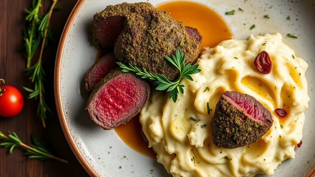 Herb-Crusted Beef Tenderloin with Roasted Garlic Mashed Potatoes