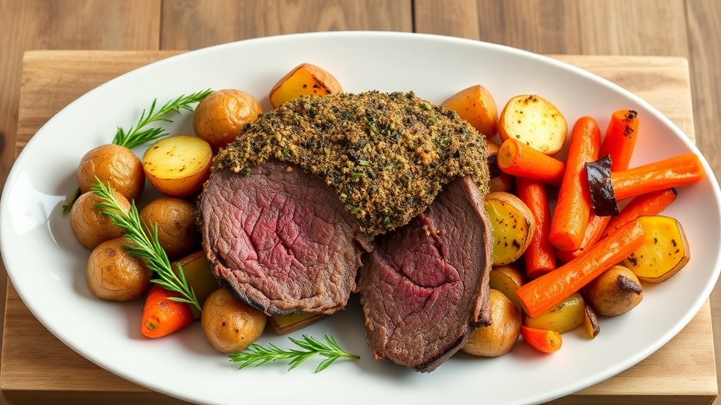 Herb-Crusted Bison Roast with Roasted Potatoes, Carrots, and Peppers