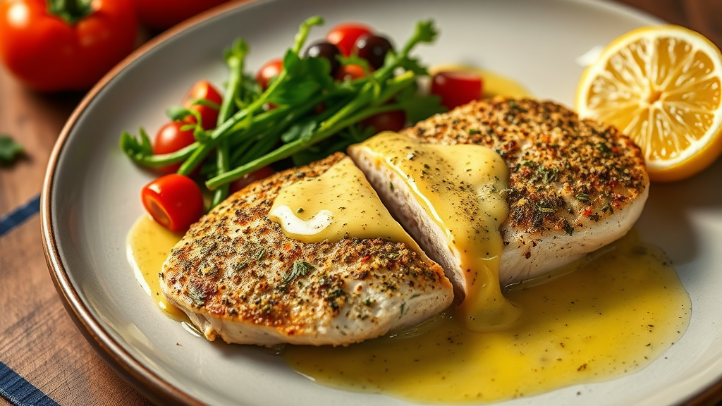Herb-Crusted Boneless Chicken Breast with Lemon Garlic Sauce