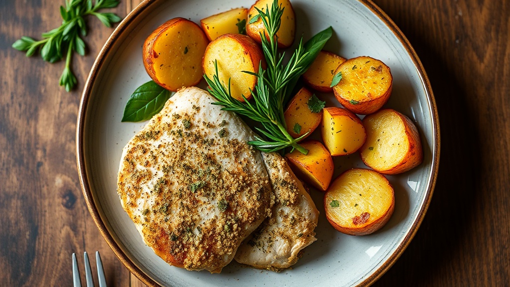 Herb-Crusted Chicken Breast Strips with Garlic Roasted Potatoes