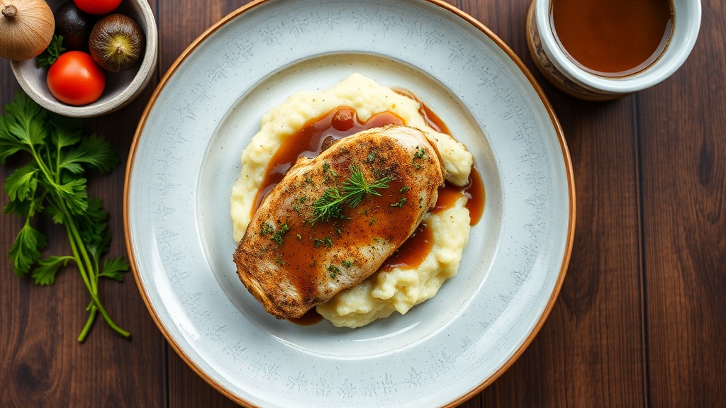 Herb-Crusted Chicken Breast with Cauliflower Mash and Brown Gravy