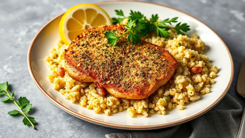 Herb-Crusted Chicken Breast with Lemon-Garlic Quinoa