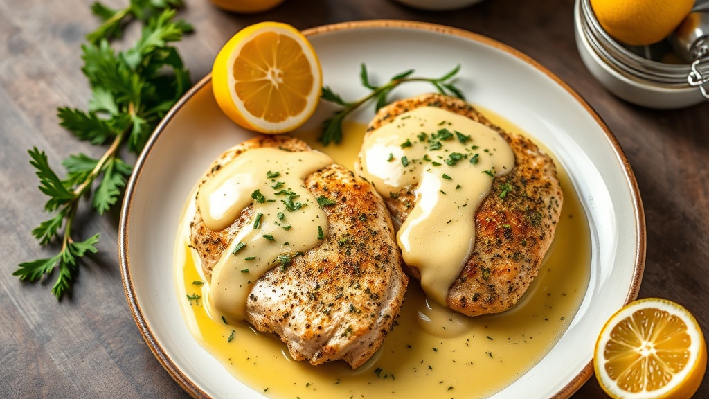 Herb-Crusted Chicken Breasts with Lemon Garlic Sauce