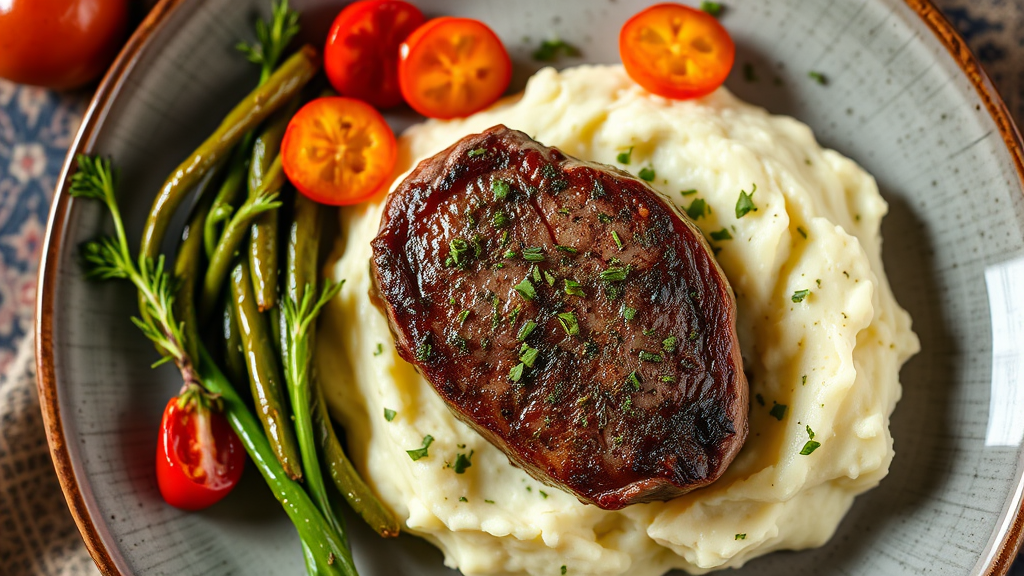 Herb-Crusted Eye of Round Steak with Garlic Mashed Potatoes