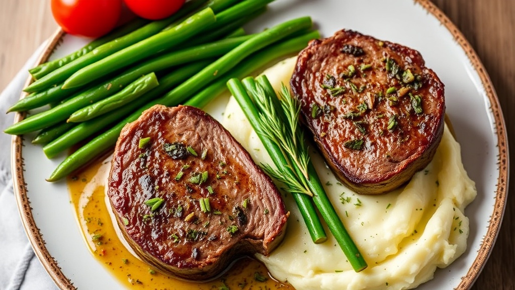 Herb-Crusted Lamb Rump Steaks with Garlic Mashed Potatoes and Green Beans