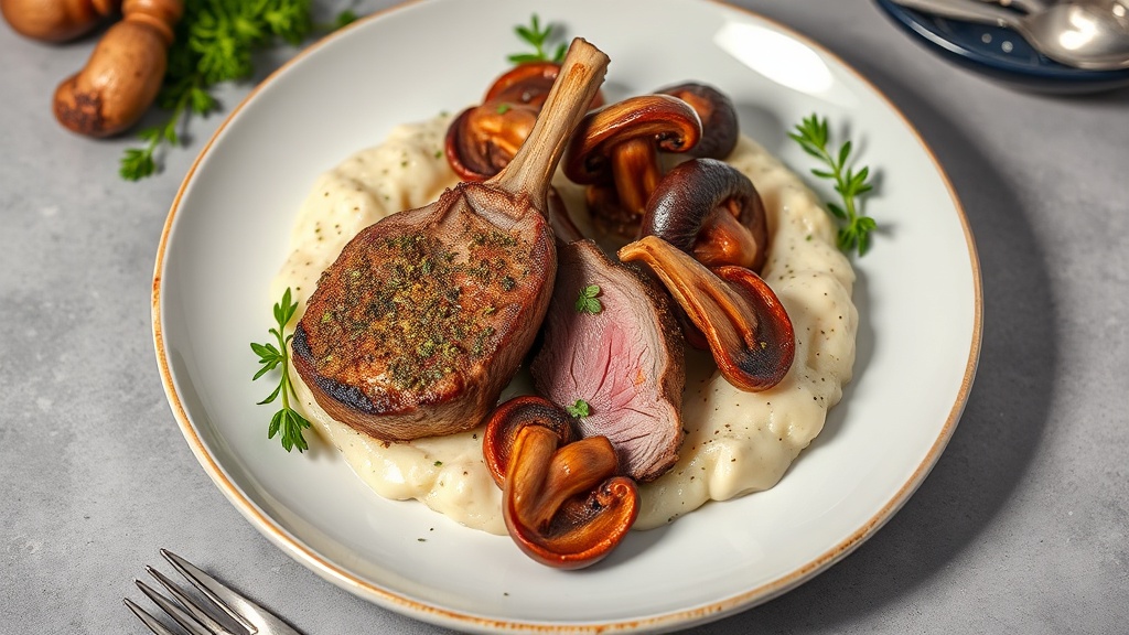 Herb-Crusted Lamb Steaks with Sautéed Mushrooms and Cauliflower Purée