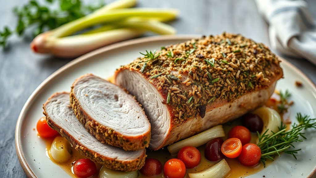 Herb-Crusted Pork Roast with Fennel and Leeks