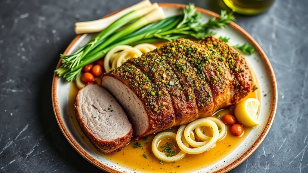 Herb-Crusted Pork Roast with Fennel and Leeks