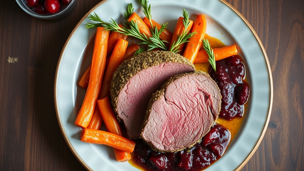 Herb-Crusted Roast Beef with Maple-Glazed Carrots and Cranberry Sauce