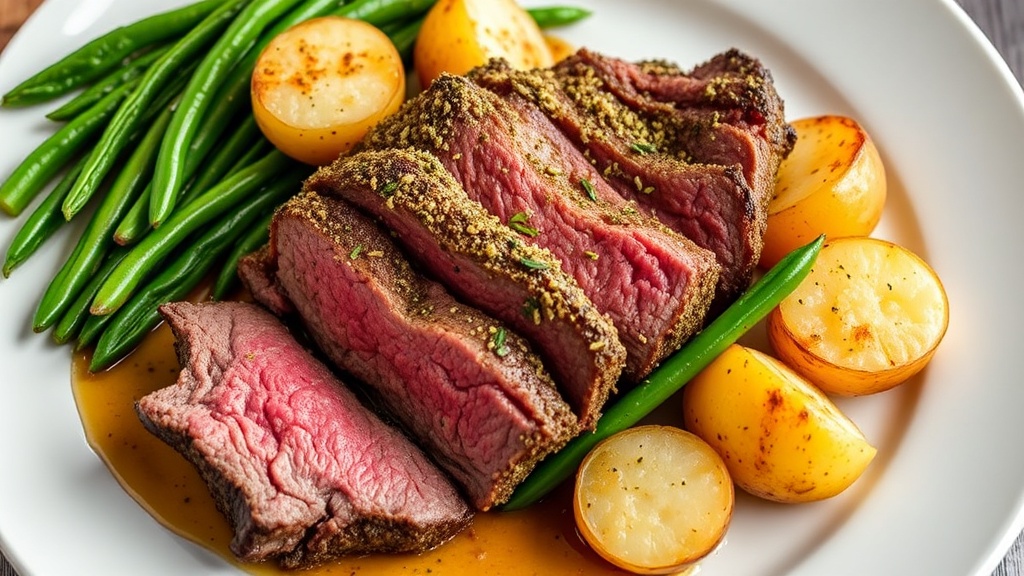 Herb-Crusted Roast Beef with Parmesan Baby Potatoes and Green Beans