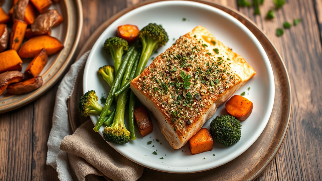 Herb-Crusted Salmon with Roasted Sweet Potatoes & Broccoli