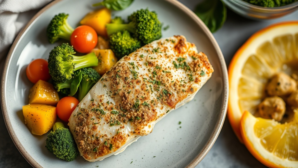 Herb-Crusted Tilapia with Cheesy Broccoli and Squash Medley