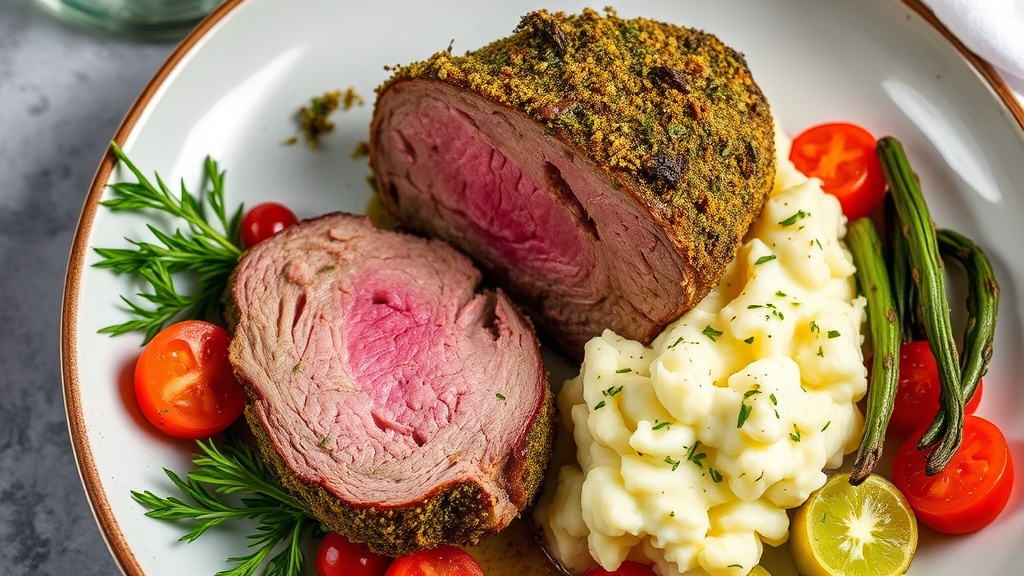 Herb-Crusted Top Round Roast with Garlic Mashed Potatoes