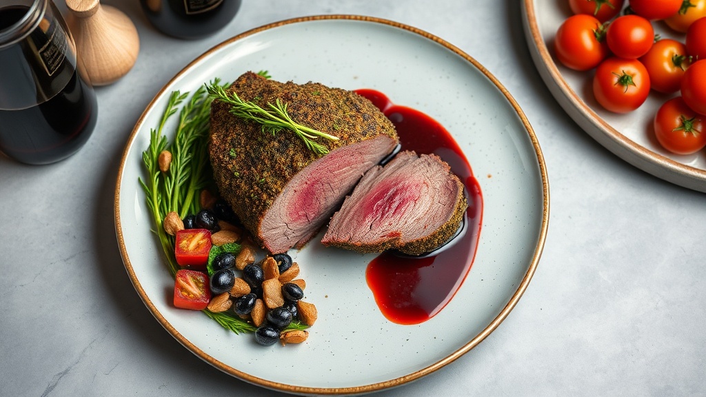 Herb-Crusted Venison Roast with Red Wine Reduction