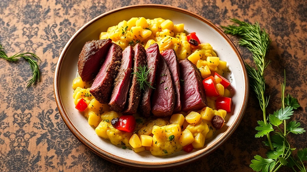 Herb-Crusted Venison with Root Vegetable Mash