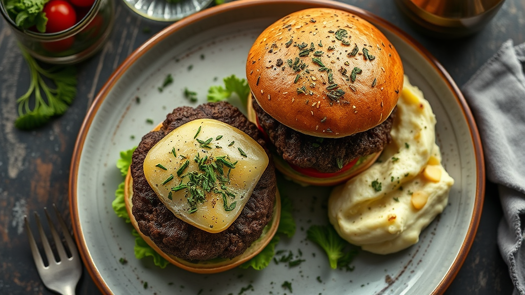 Herbed Beef Burgers with Roasted Garlic Mashed Potatoes