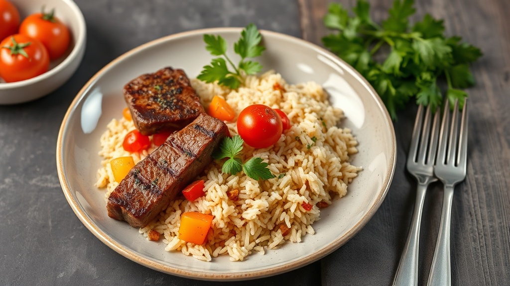 Herbed Beef Strips with Tomato and Potato Basmati Rice