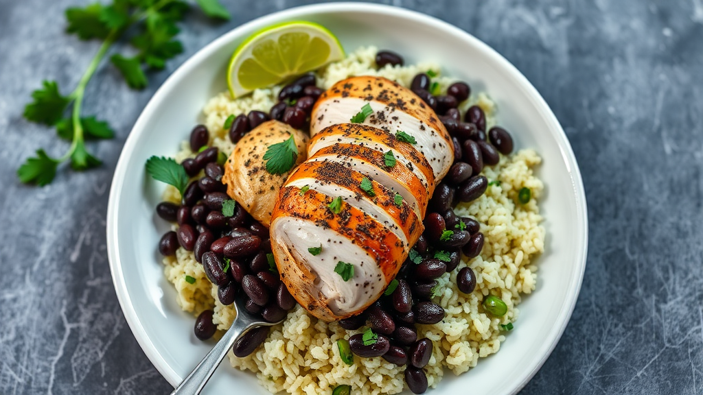 Herbed Boiled Chicken with Black Beans and Cilantro Lime Rice