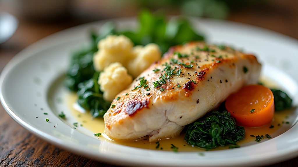 Herbed Chicken Breast with Cauliflower, Sweet Potato, and Spinach