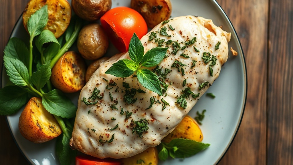 Herbed Chicken Breast with Tomato and Roasted Potatoes