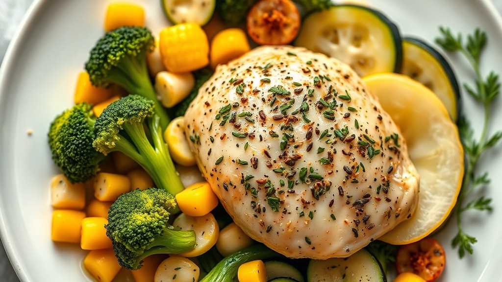 Herbed Chicken with Broccoli, Corn, Zucchini, and Fennel