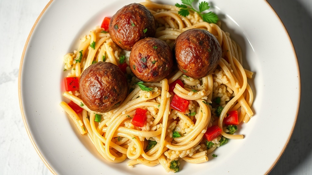 Herbed Meatballs with Vegetable Rice and Pasta