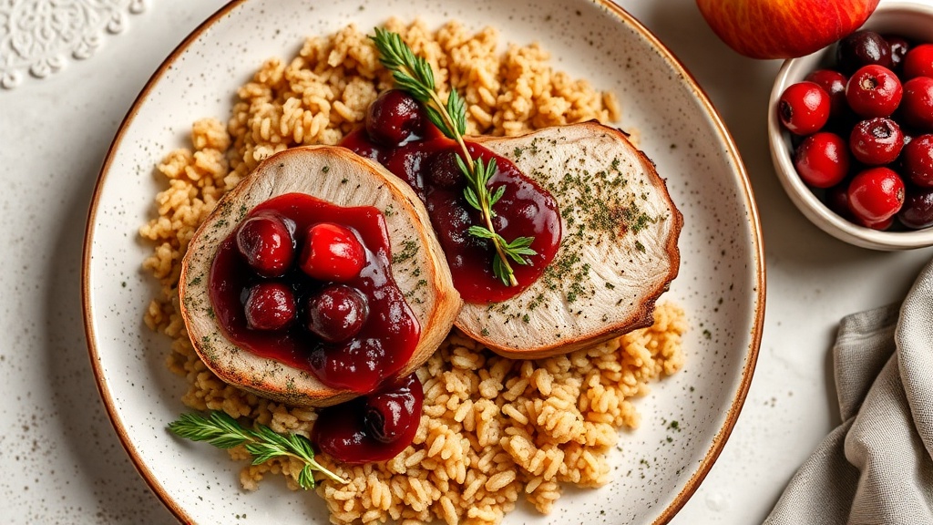 Herbed Pork Chops with Brown Rice and Apple-Cranberry Compote