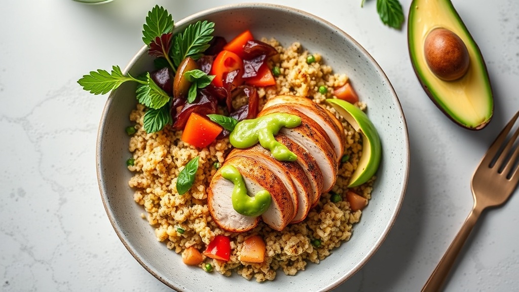 Herbed Quinoa & Chicken Bowl with Avocado Dressing