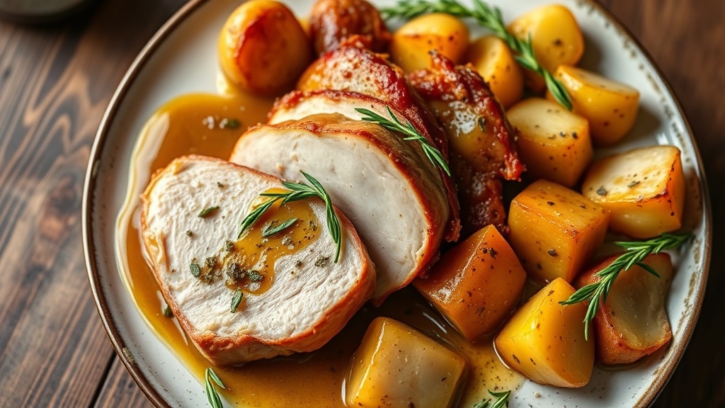 Herb-Infused Chicken and Ham with Roasted Potatoes and Turkey Gravy