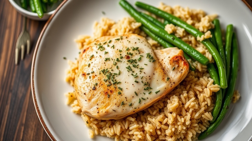 Herb-Infused Chicken Breast with Savory Rice and Green Beans