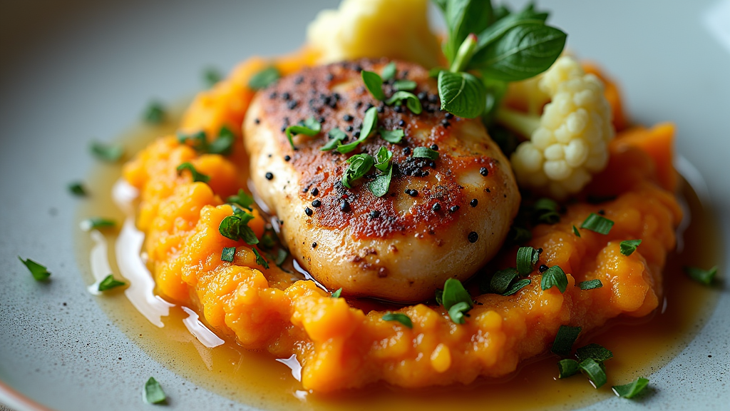 Herb-Roasted Chicken Breast with Cauliflower and Sweet Potato Mash