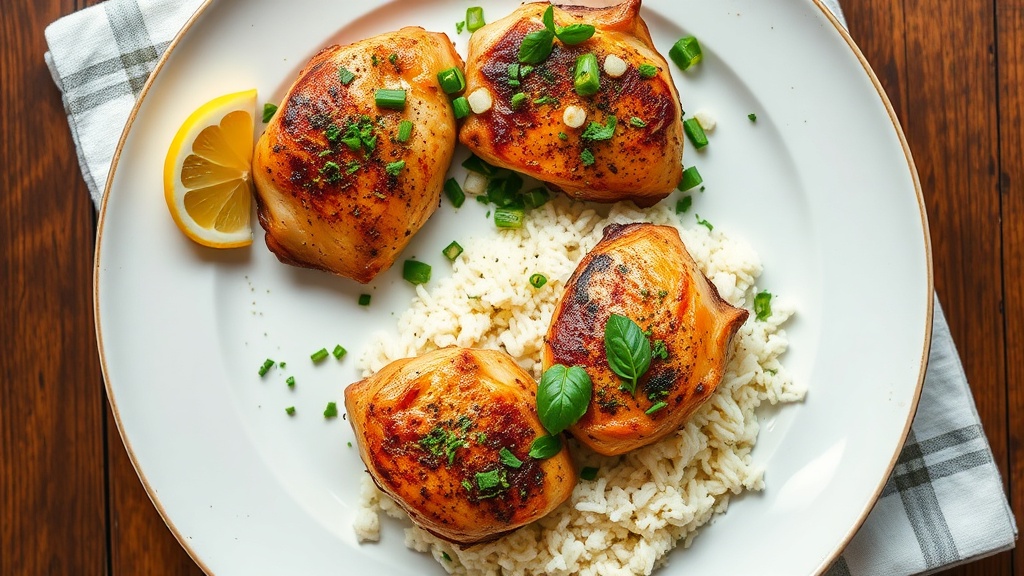 Herb-Roasted Chicken Thighs with Coconut Rice and Crunchy Salad
