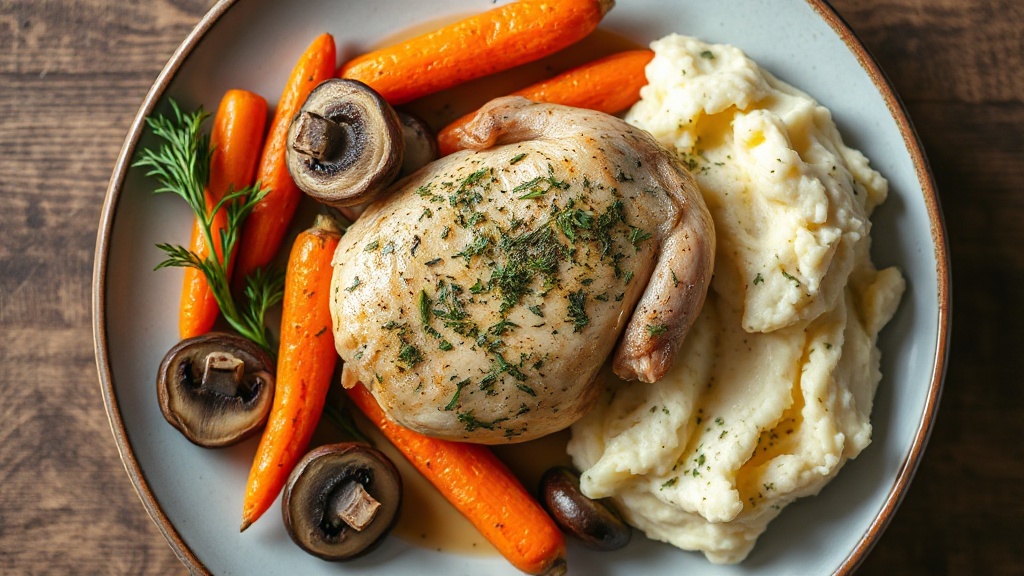 Herb-Roasted Chicken with Carrots, Mushrooms, and Garlic Mashed Potatoes