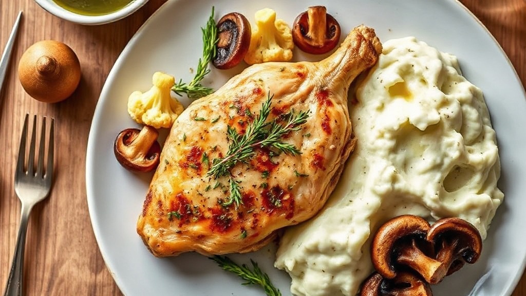 Herb-Roasted Chicken with Cauliflower, Mushrooms, and Garlic Mashed Potatoes
