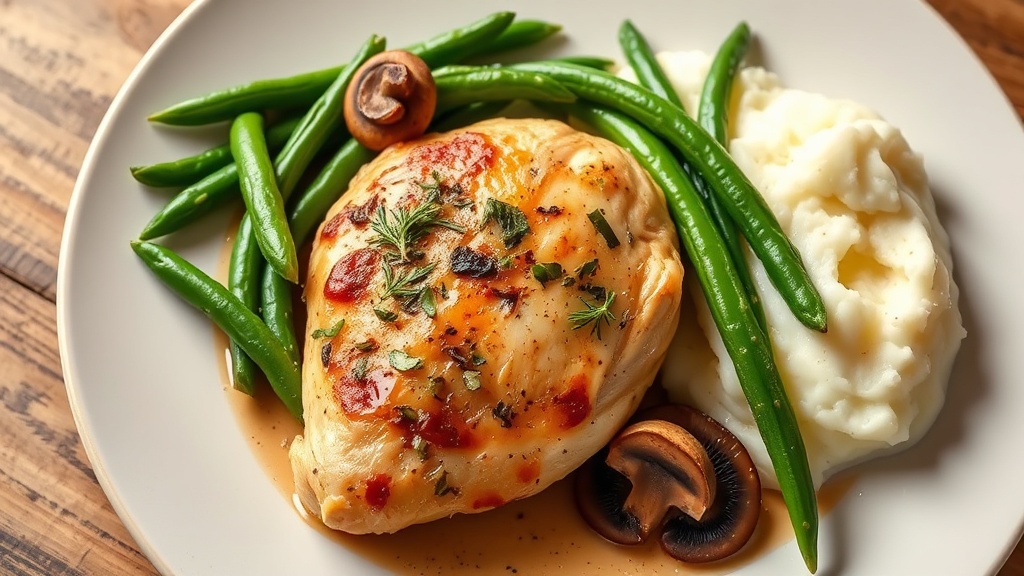 Herb-Roasted Chicken with Green Beans, Mushrooms, and Garlic Mashed Potatoes