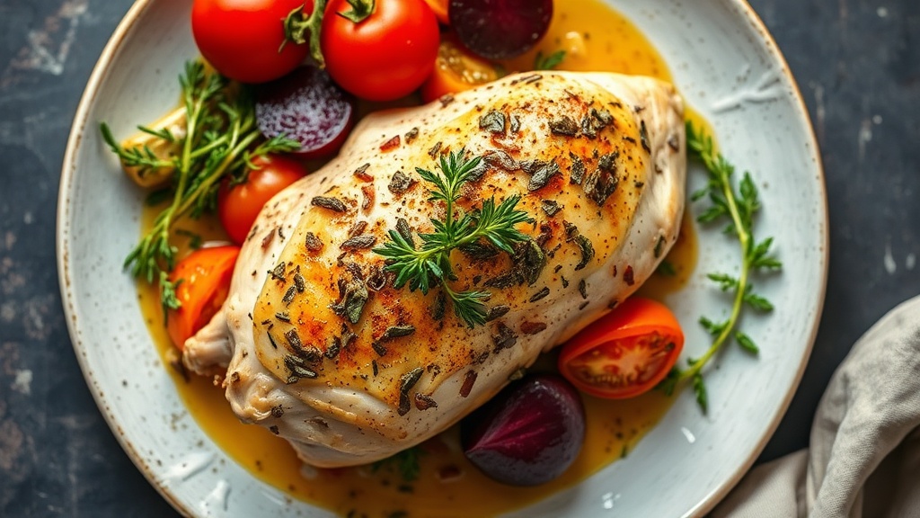 Herb-Roasted Chicken with Leek, Tomato, Green Pepper, and Beetroot