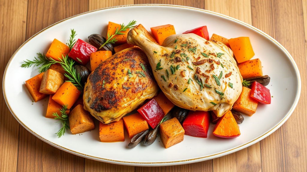 Herb-Roasted Chicken with Sweet Potato and Veggie Medley