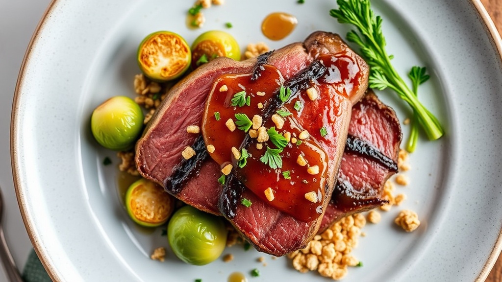 Honey-Lychee Glazed Steak with Brussels Sprouts and Cereal Crust