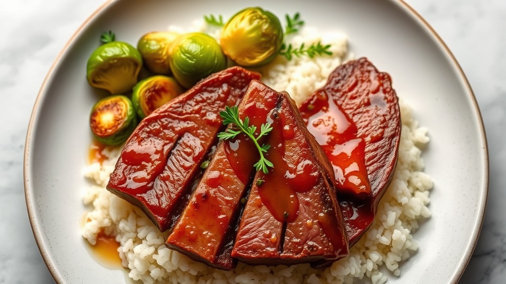 Honey-Lychee Glazed Steak with Brussels Sprouts and Rice