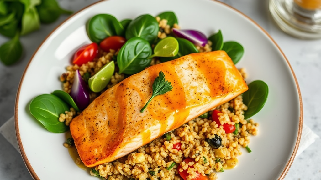 Honey-Mustard Glazed Salmon with Quinoa and Spinach Salad