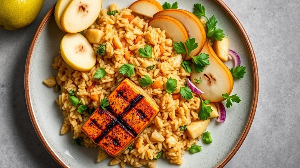 Jollof Rice with Grilled Chicken and Pear Salad