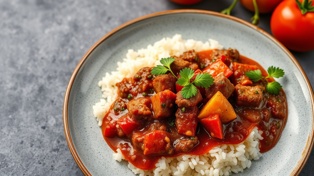 Kangaroo Mince in Sweet and Salty Tomato Sauce over Rice