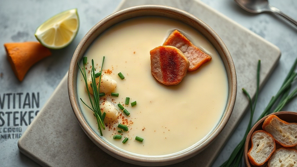 Keto Cauliflower Soup with Pork Belly, Nutritional Yeast, Chives, and Cajun Spices