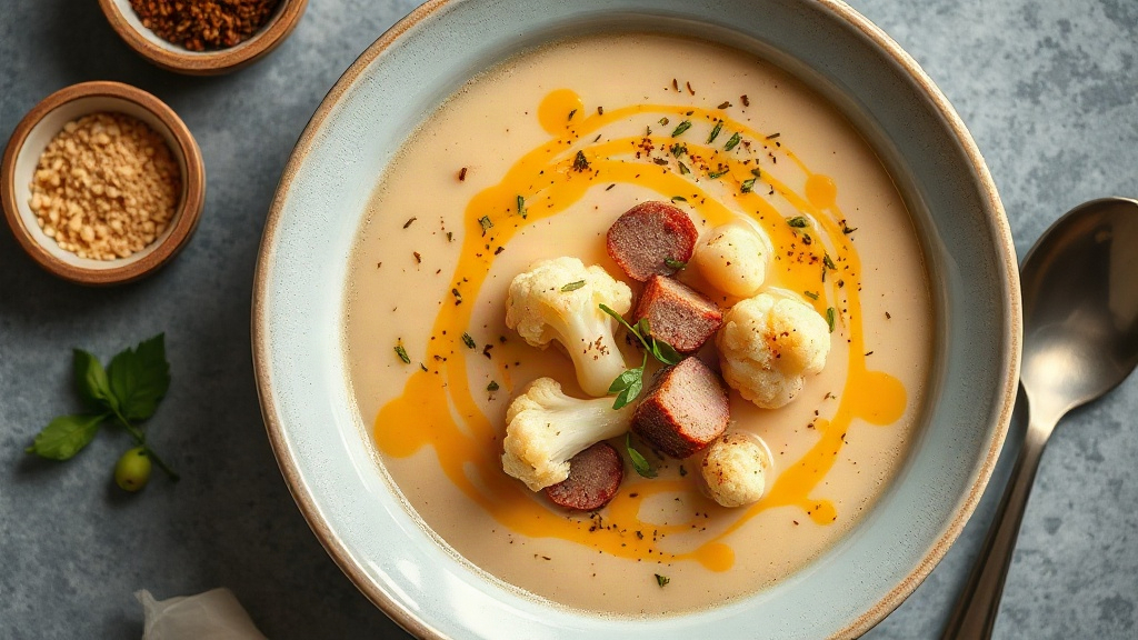 Keto Cauliflower Soup with Pork Belly, Nutritional Yeast, Chives, and Cajun Spices