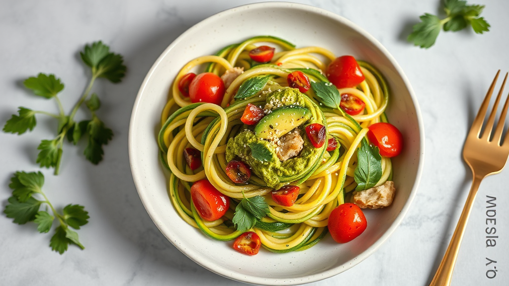 Keto Mediterranean Zucchini Noodles with Avocado Pesto