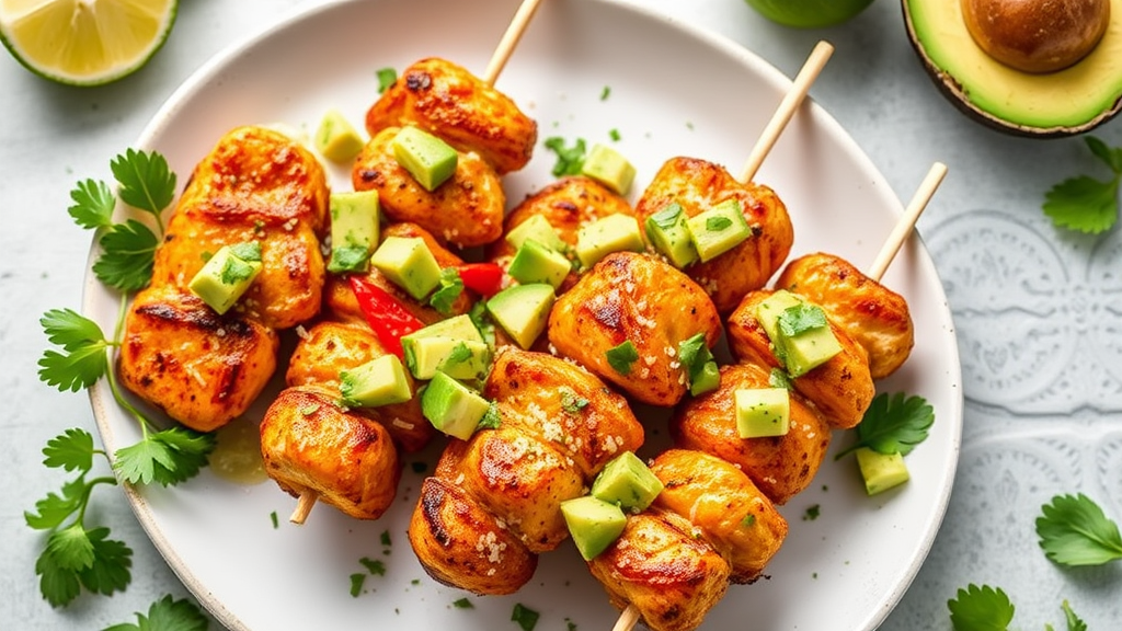 Keto Spicy Coconut Chicken Skewers with Avocado Salsa