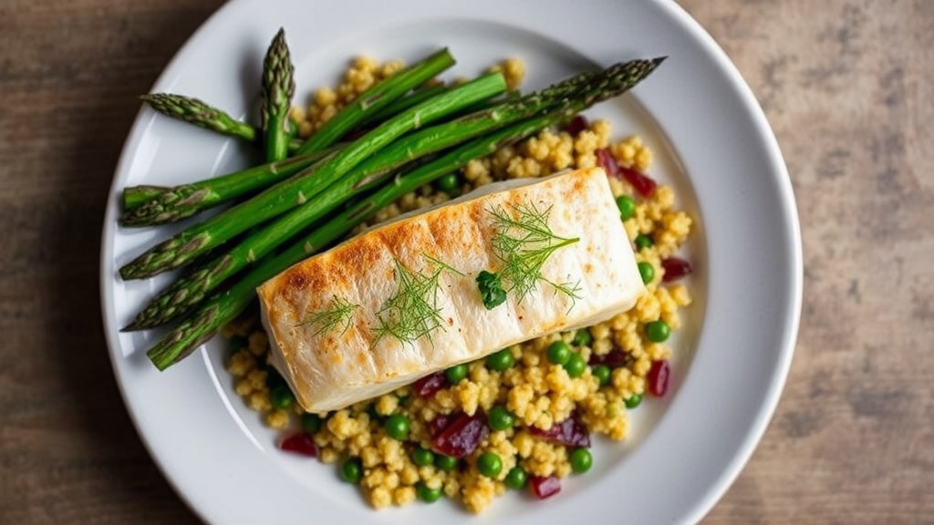 Kipper with Lemon-Dill Quinoa and Roasted Asparagus