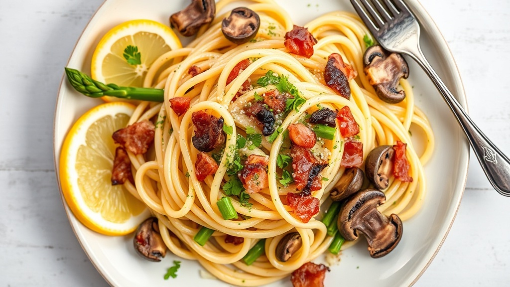 Lemon Asparagus Pasta with Bacon and Mushrooms